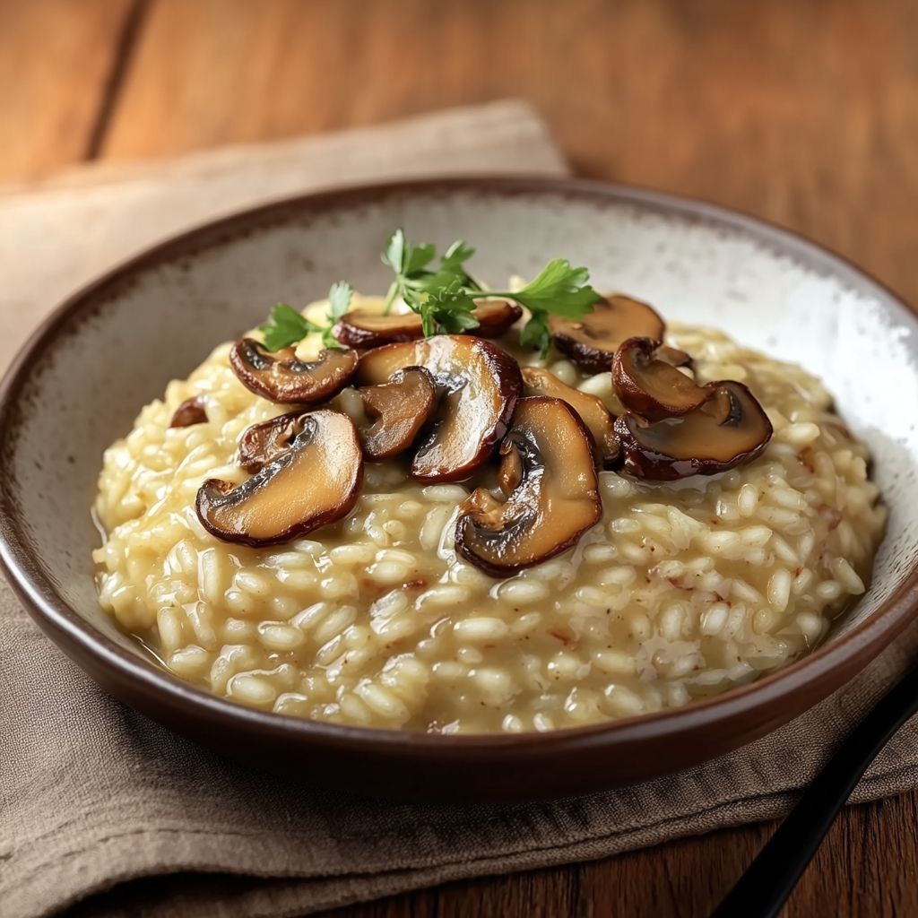 Risotto ai funghi in una ciotola marrone, guarnito con funghi saltati e prezzemolo, su un tovagliolo.