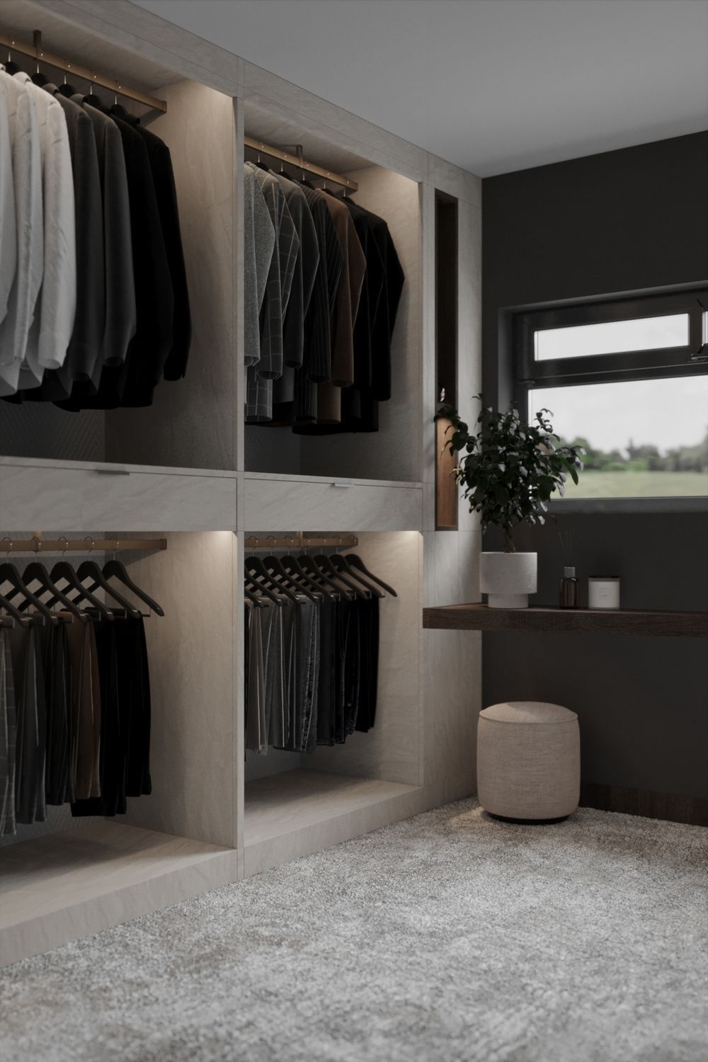 Walk-in closet with dark clothing and shelves. Window with plant, stool, and neutral rug.
