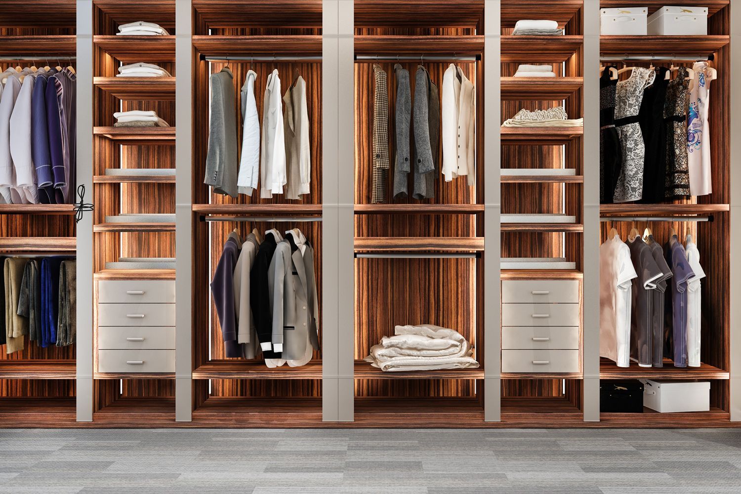 Walk-in closet with wooden shelves, rods holding clothes, drawers, and folded garments.