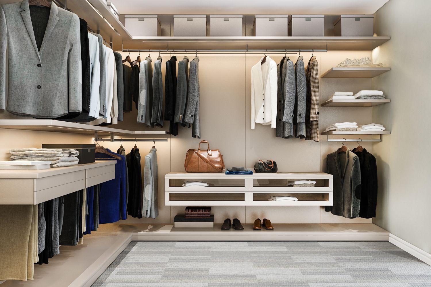 Walk-in closet with clothes hanging, shelves with folded items, and shoe storage, neutral tones.