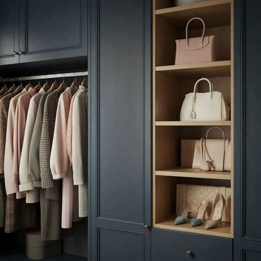 A navy blue closet with hanging clothes and shelves with handbags and shoes.