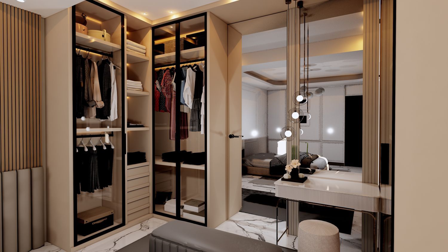 Walk-in closet with beige and black accents, leading to a bedroom with a vanity and bed.