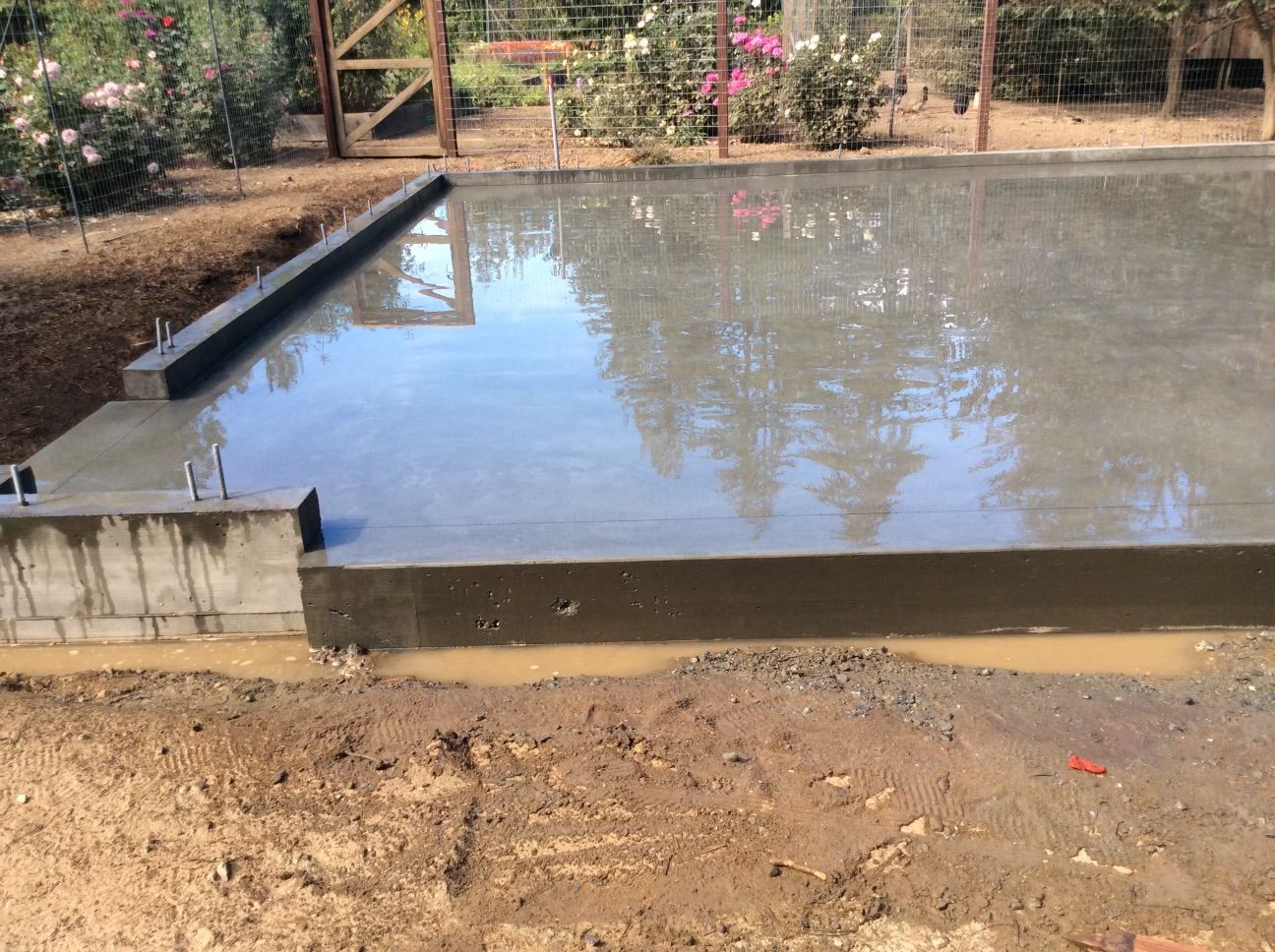 Freshly poured concrete slab with a surrounding border, set in a yard.
