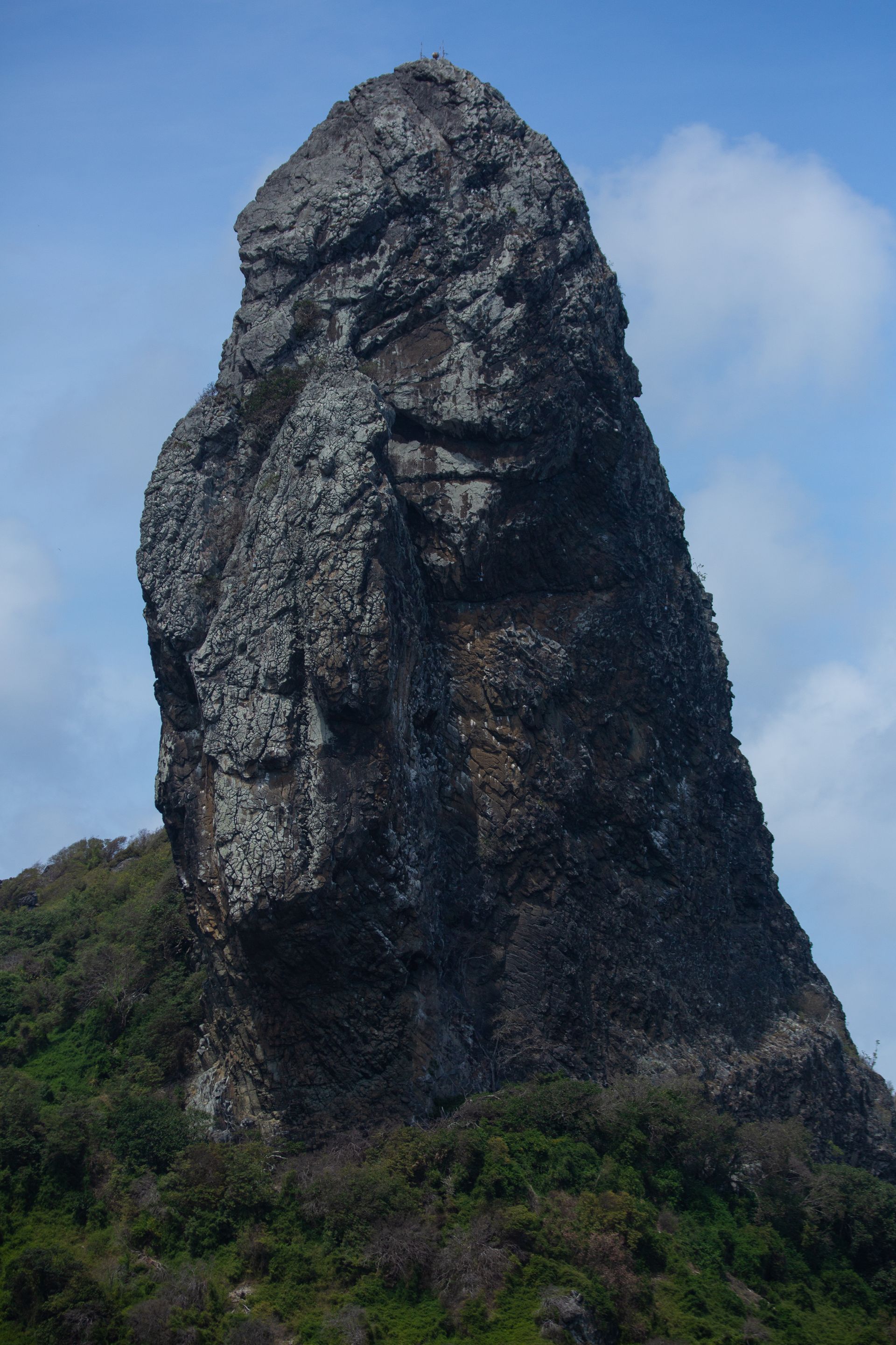 Uma grande formação rochosa parece uma cabeça de leão.