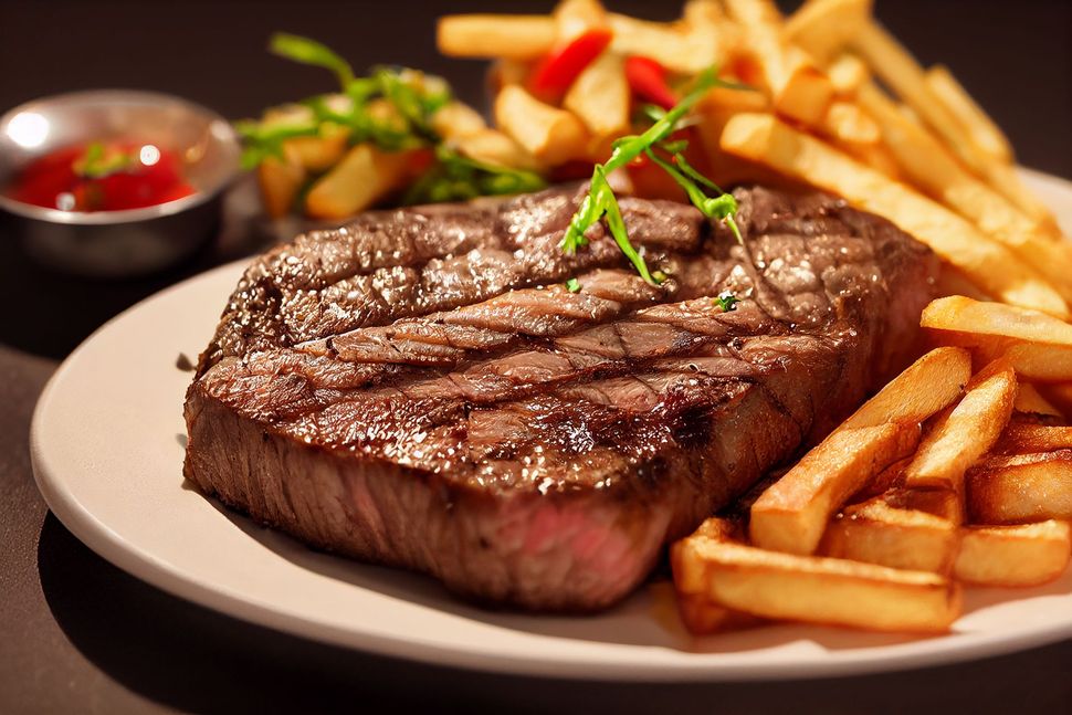 a steak and french fries on a plate next to a glass of beer
