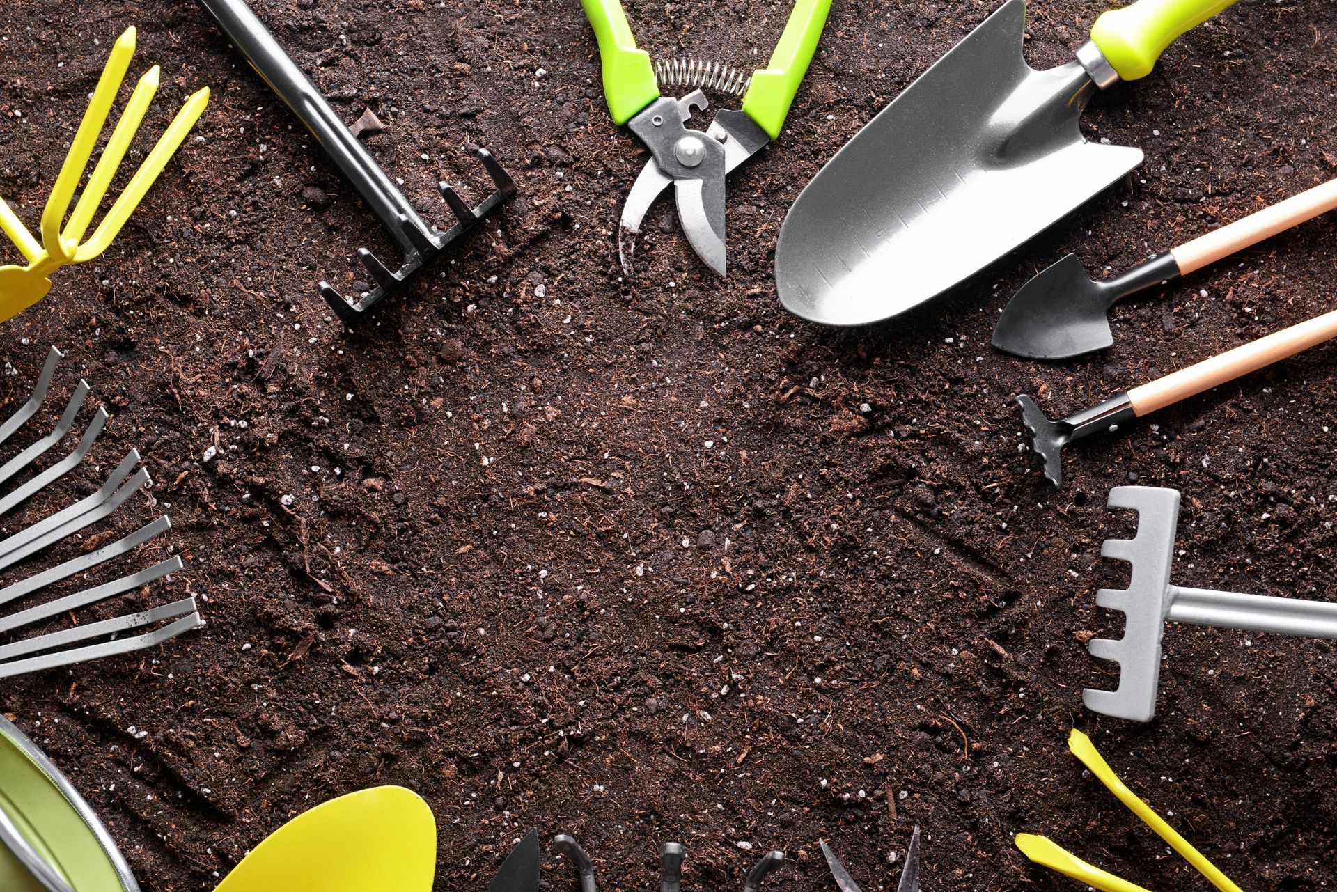A pair of gloved hands mulching a garden conifer bed with pine tree bark mulch. Set of gardening equipment on soil.