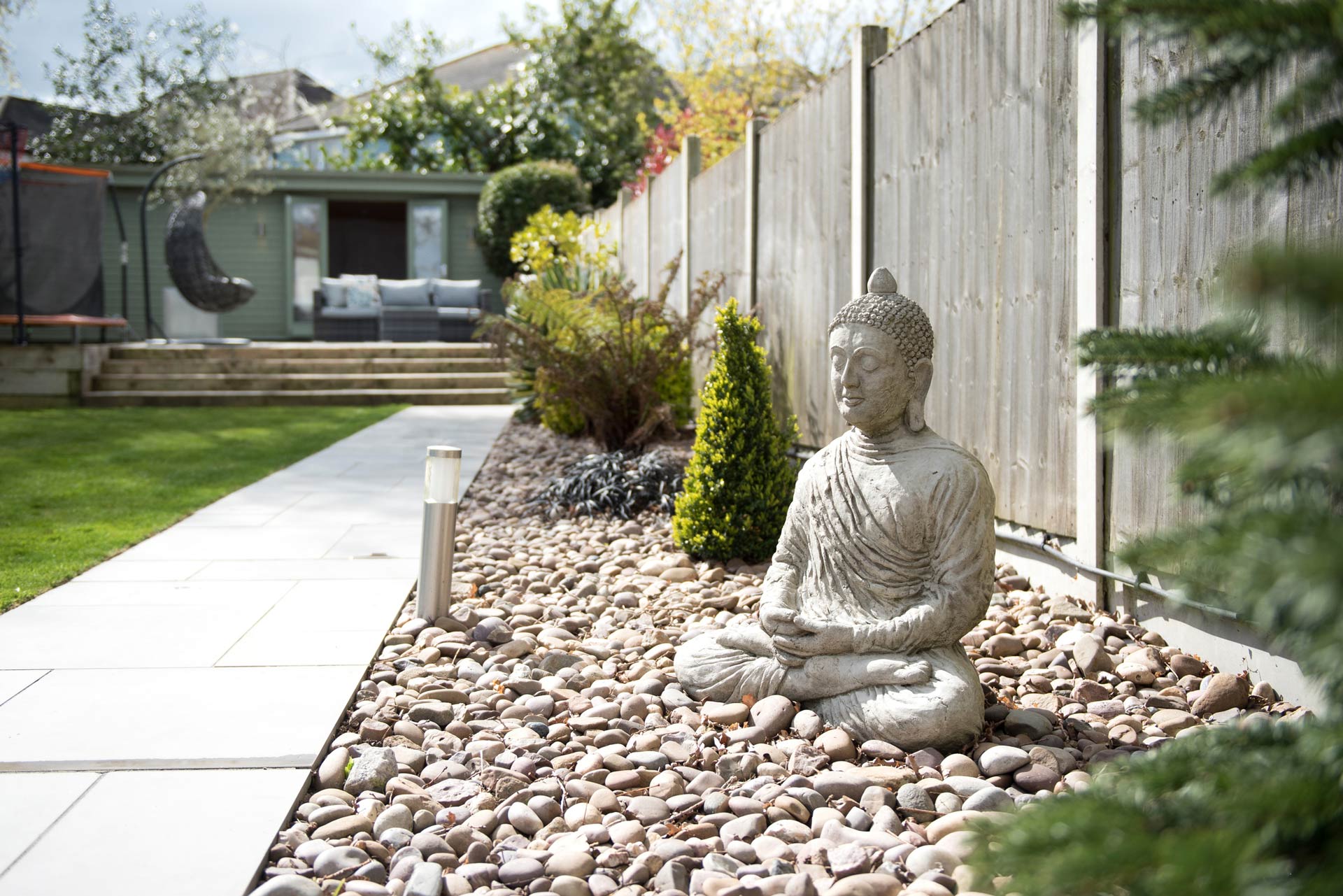 A Buddha Zen Garden Sculpture Sits Amongst a Flower Bed in a Back Garden | Tahmoor, Nsw | Mark’s Landscape Supplies