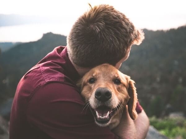 A man in a red shirt is hugging a brown dog.