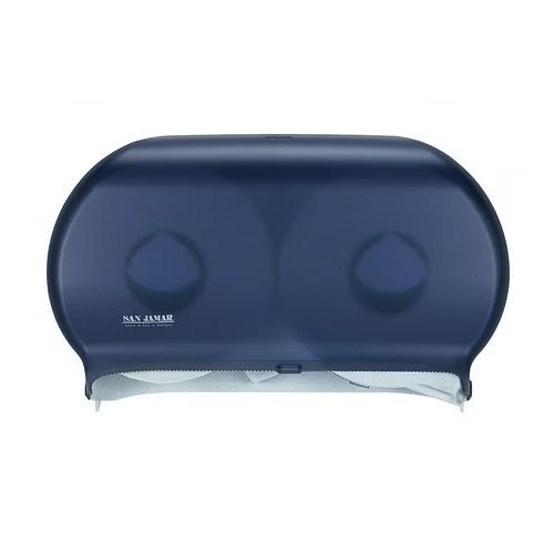 A blue toilet paper dispenser with two rolls of toilet paper in it.