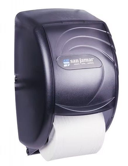 A black toilet paper dispenser with a roll of toilet paper in it