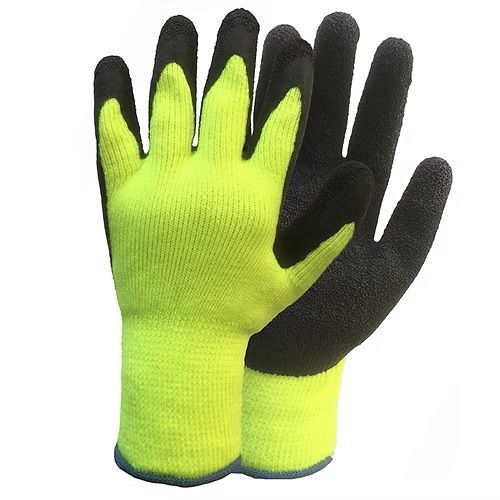 A pair of yellow and black gloves on a white background