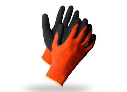 A pair of orange and black gloves on a white background