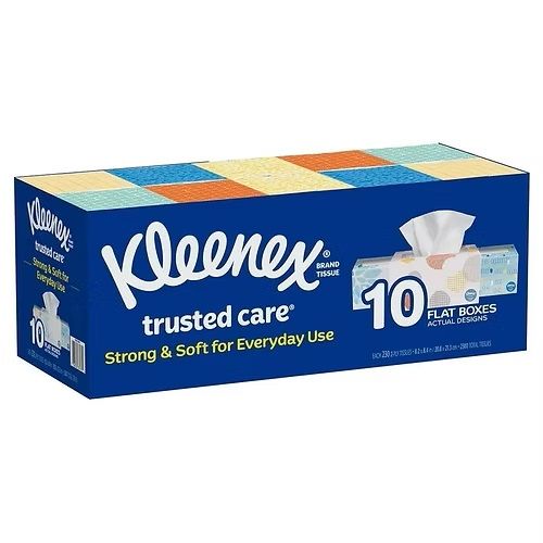 A box of kleenex trusted care facial tissues.