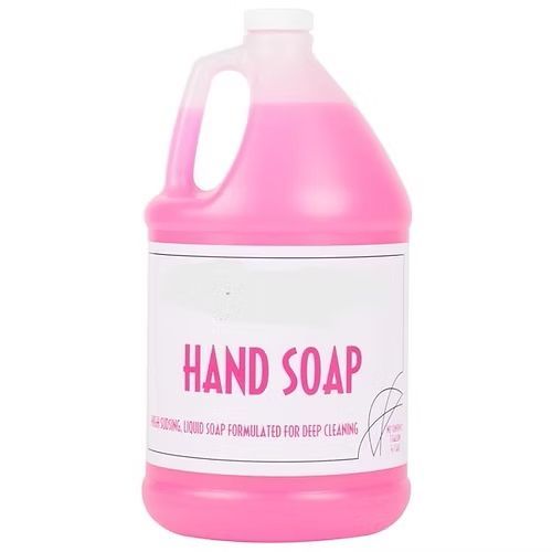 A gallon of pink hand soap on a white background.