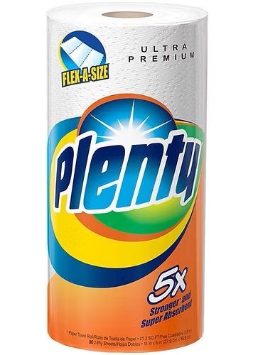 A roll of plenty ultra premium paper towels on a white background.