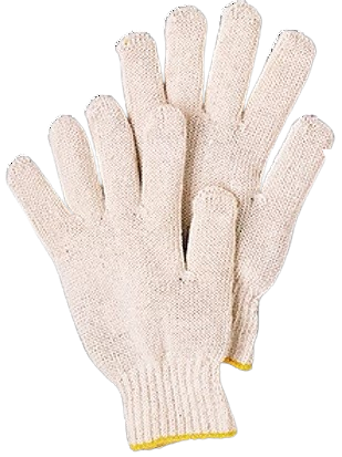 A pair of white knitted gloves with a yellow cuff on a white background.