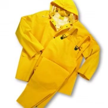 A yellow raincoat with a hood and pants