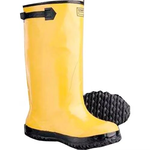 A pair of yellow rubber boots with black soles on a white background.