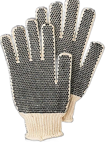 A pair of gloves with black dots on them on a white background.