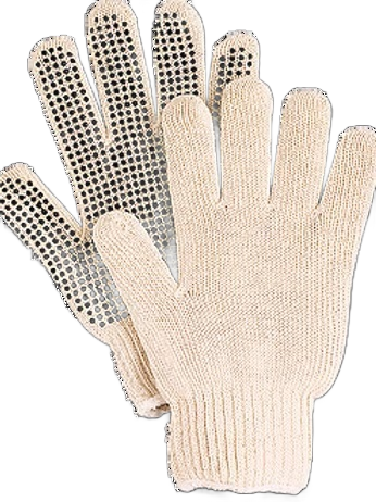 A pair of white gloves with black dots on the fingers on a white background.