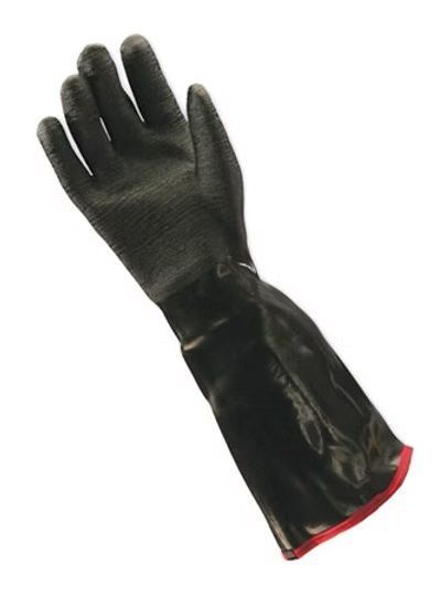 A pair of black rubber gloves with a red cuff