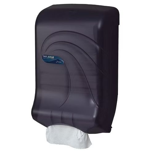 A black paper towel dispenser with a roll of paper towels attached to it.