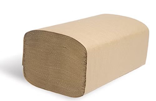 A stack of brown paper towels on a white background.