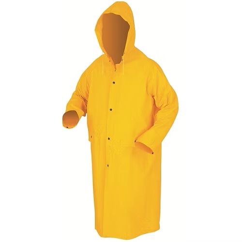 A yellow raincoat with a hood on a white background