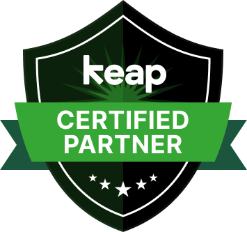Keap Certified Partner badge: green shield with white text, banner, and stars. Keap Certified Partner badge: green shield with white text, banner, and stars.