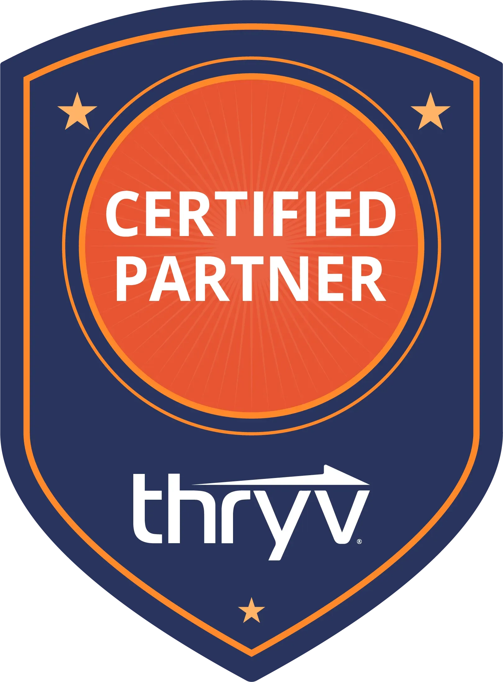 Certified Partner badge for Thryv. Dark blue shield with orange circle and stars; text Certified Partner badge for Thryv. Dark blue shield with orange circle and stars; text