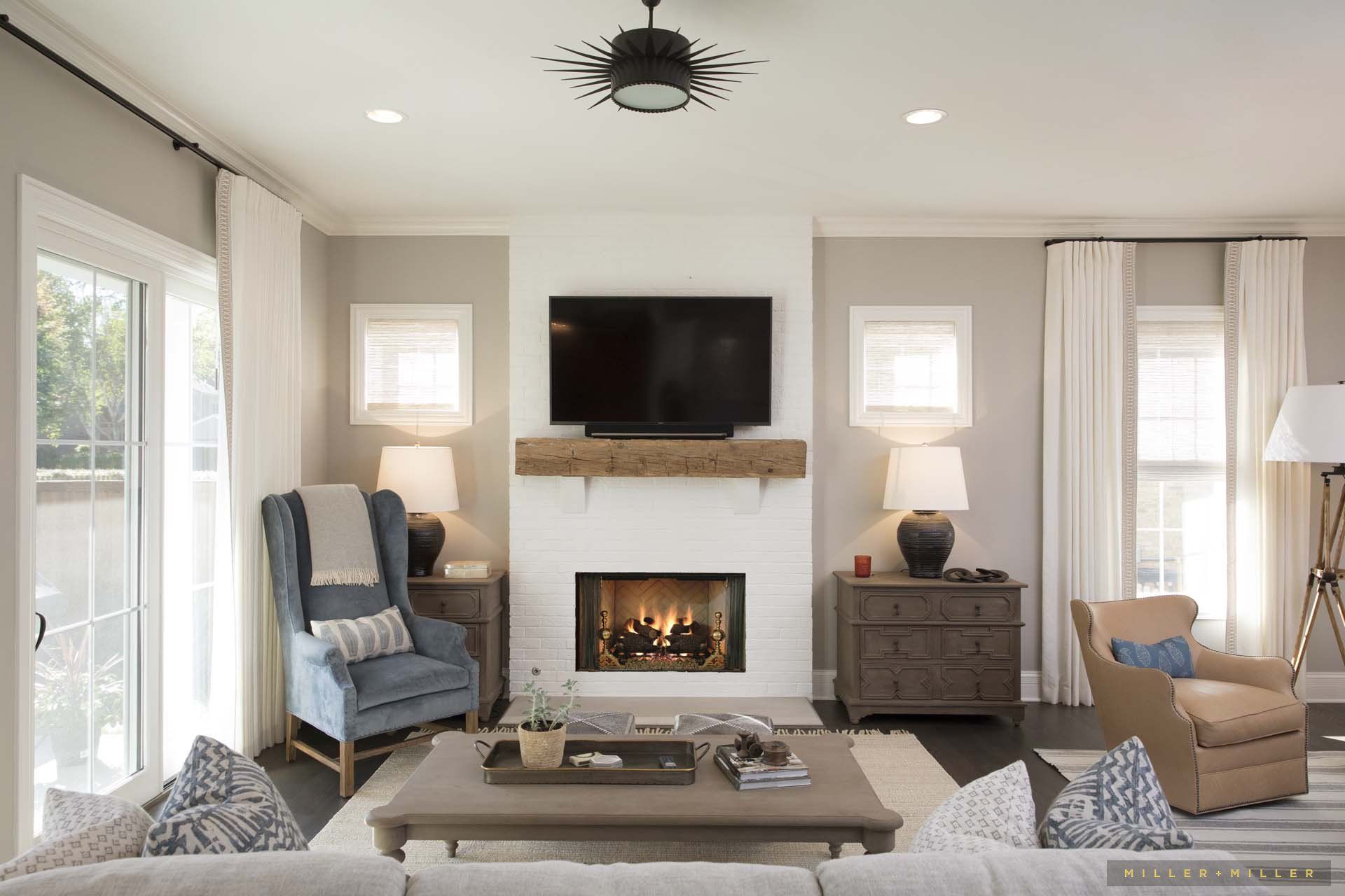 A living room with a fireplace and a flat screen tv.
