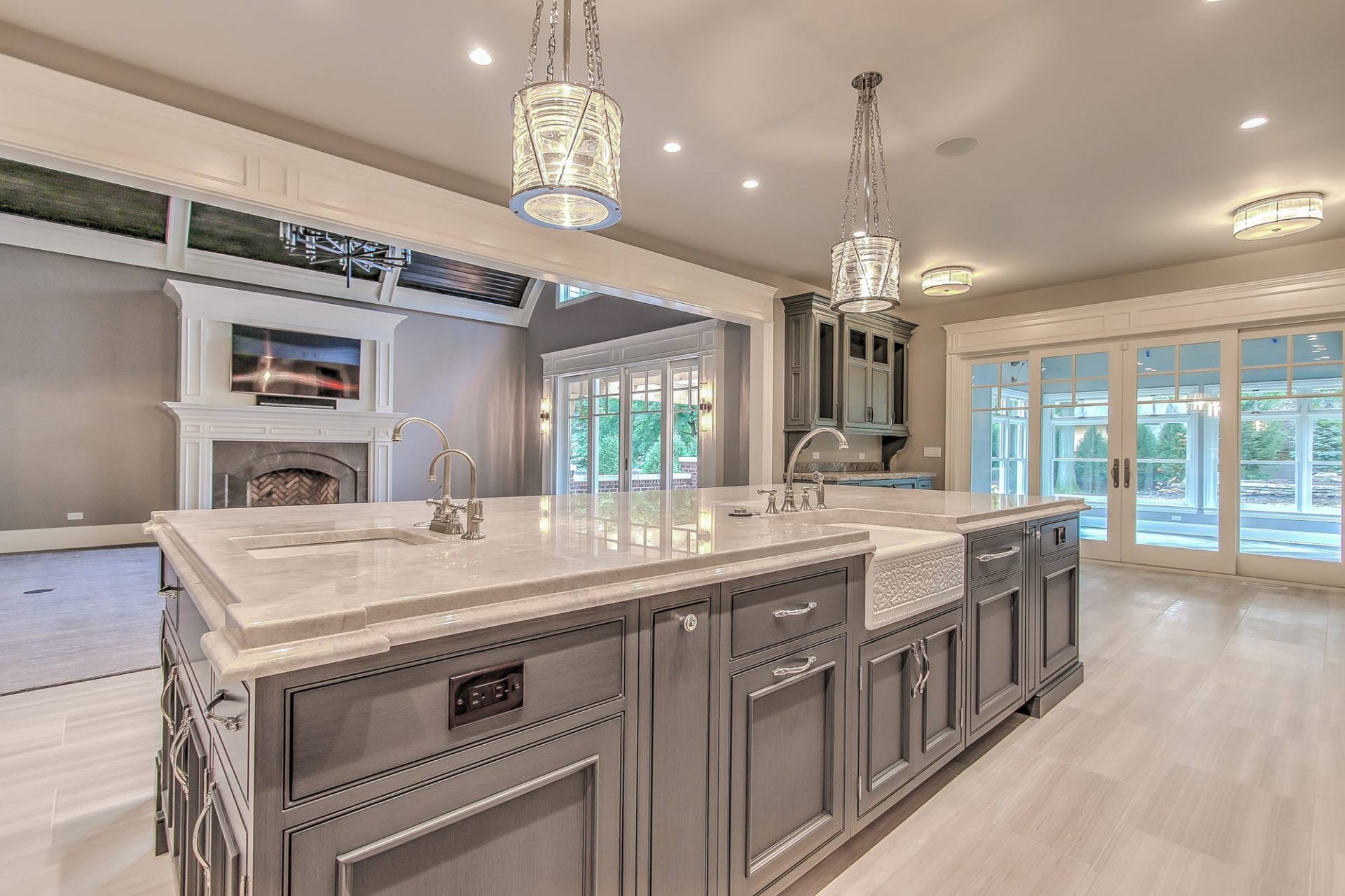 There is a large island in the middle of the kitchen.