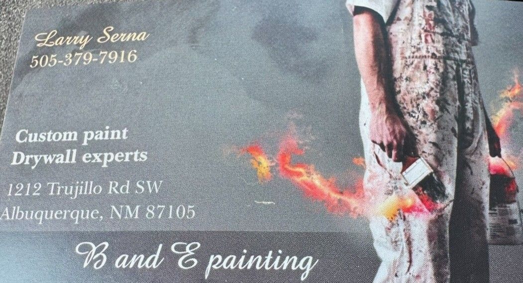 Business card for drywall and hand-E painting services, with contact info on a gray textured background.