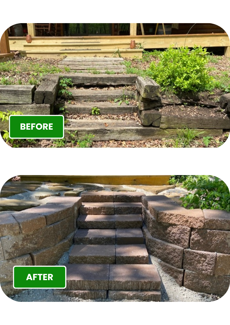 Retaining Walls Before & After - From Rustic Wooden Steps to Contoured Garden Borders and Tiered Steps.