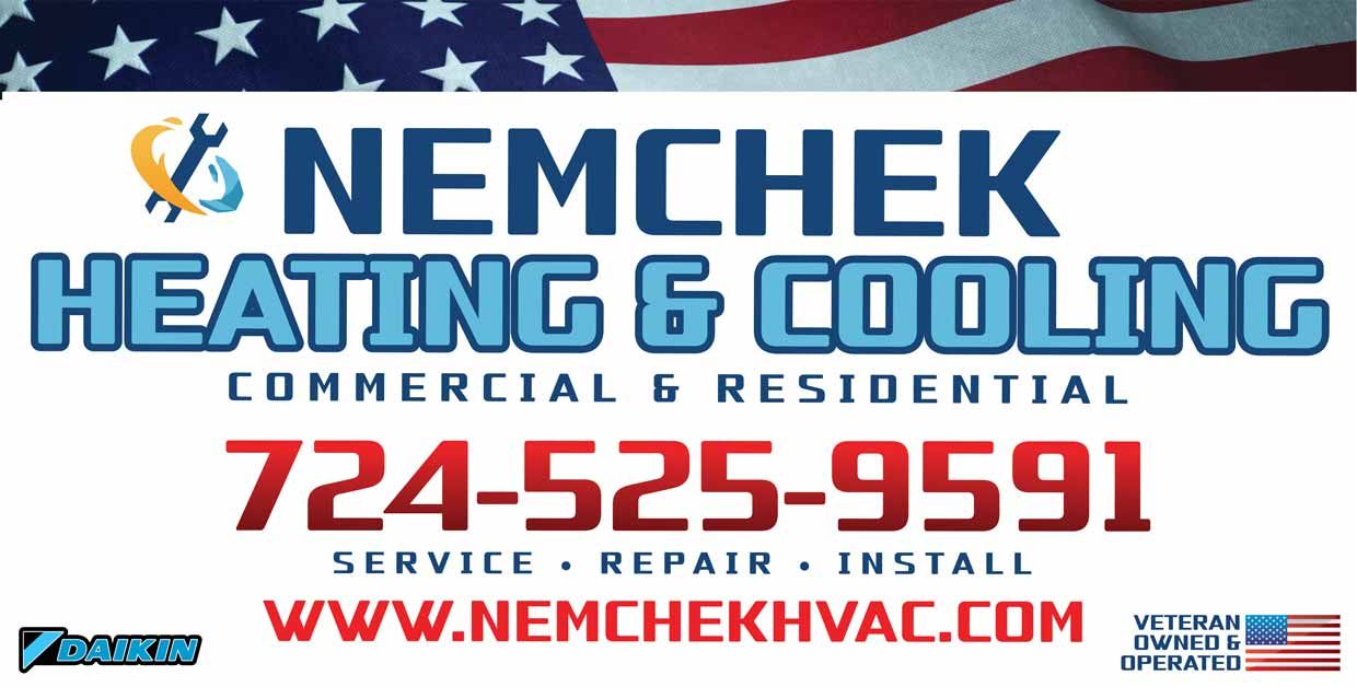A sign for nemchek heating and cooling with an american flag in the background