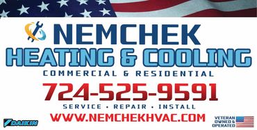 A sign for nemchek heating and cooling with an american flag in the background