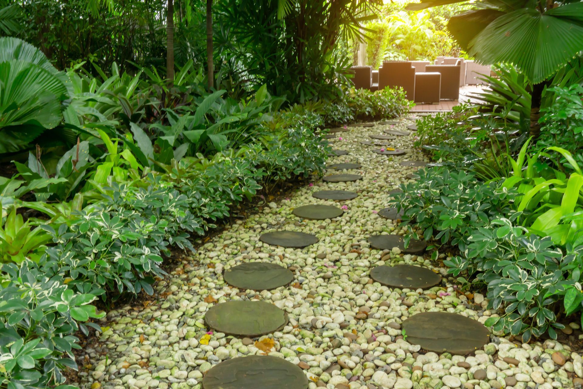A stone path in the middle of a lush green garden.