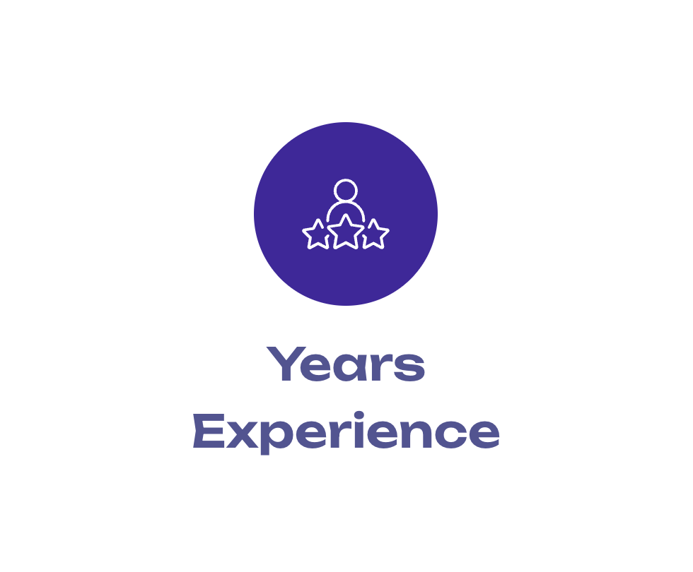 A purple circle with a person and stars inside of it and the words `` years experience ''.