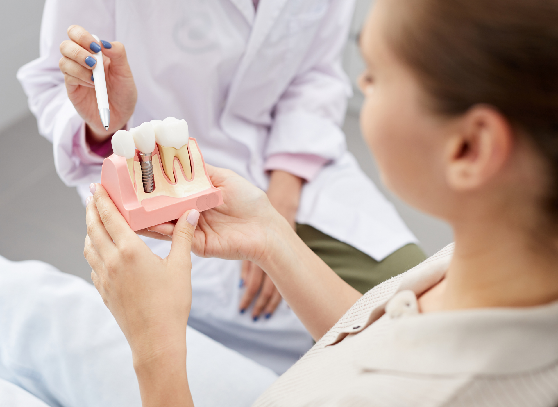 Dentist showing a patient a tooth model, pointing with a tool, explaining the tooth's structure.