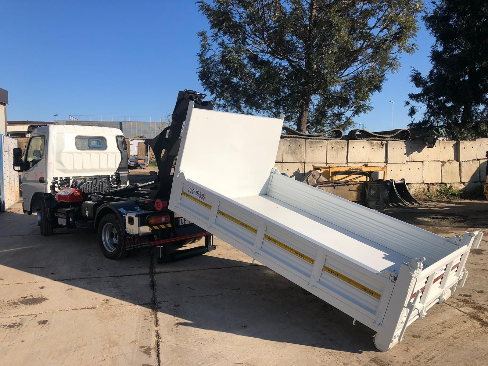 Un autocarro con cassone ribaltabile è parcheggiato in un parcheggio accanto a un albero.