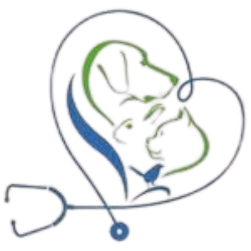 Veterinary clinic logo: heart shape with dog, rabbit, cat, and bird silhouettes; stethoscope.