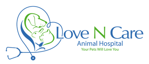 Logo for Love N Care Animal Hospital. Heart shape with dog, rabbit, bird, and stethoscope.