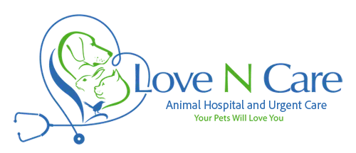 Logo for Love N Care Animal Hospital. Heart shape with dog, rabbit, bird, and stethoscope.