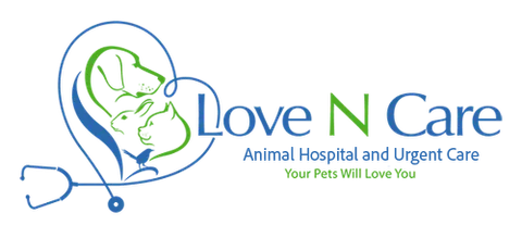 Logo for Love N Care Animal Hospital. Heart shape with dog, rabbit, bird, and stethoscope.