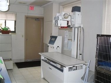 X-ray machine in a veterinary clinic room with exam table, door, and pet cage.