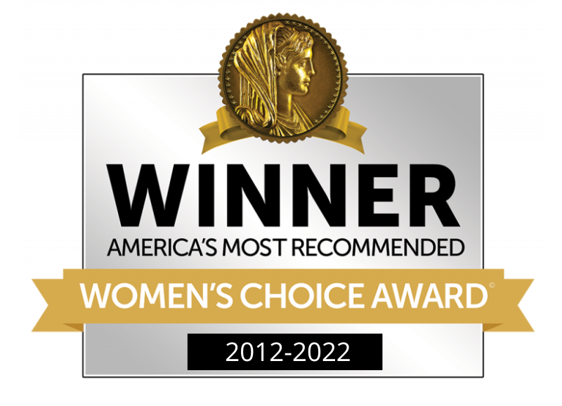 Winner badge with gold medallion, “America’s Most Recommended Women’s Choice Award 2012-2022”