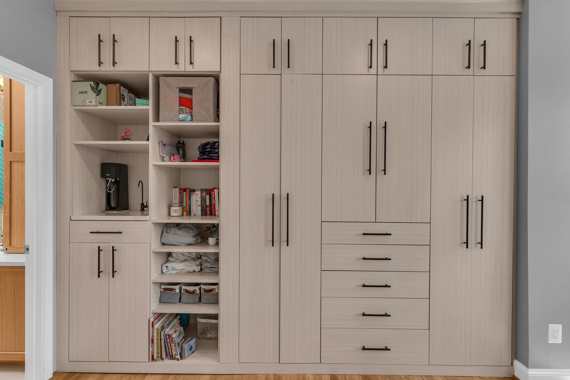 custom built-in wardrobe with coffee station, bedroom storage cabinets, drawers and shelving in historic DC home remodel