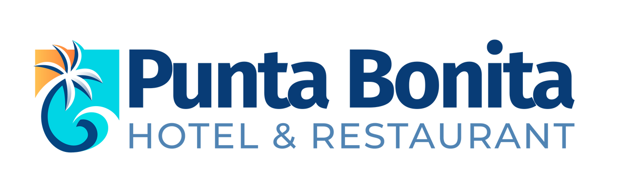 Logotipo para Punta Bonita Hotel & Restaurant: símbolo de palmera y ola, texto azul oscuro.