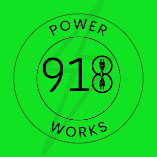 918 Power works logo.  Bright green with 2 circle.  918 in the center with power on the top and works on the bottom.  There is a lightening bolt lightly in the back.