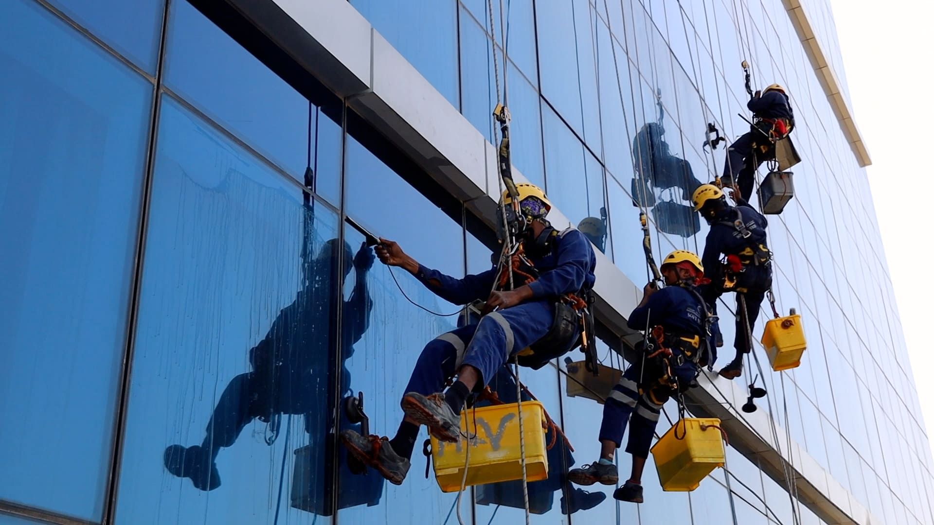 Window washers on a high-rise building, cleaning blue glass panels, using ropes and safety gear.